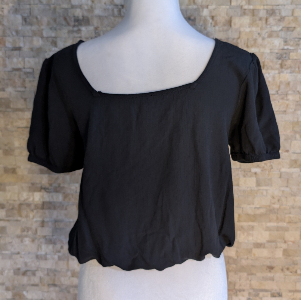 Vintage Y2K 90s Boho Embroidered Square Neck Puff Sleeve Black Peasant Blouse S image 5